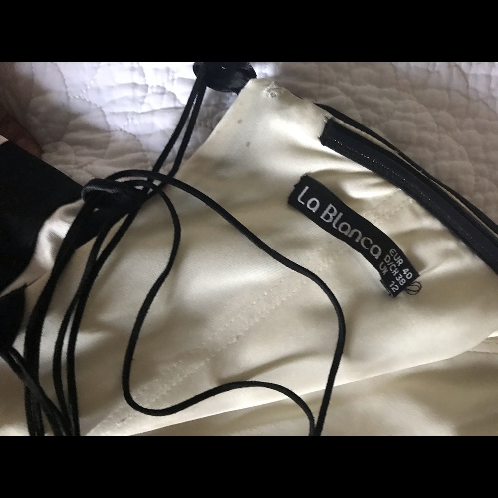 La Blanca Black & White Satin Strapless Prom Dress - Picture 4 of 5